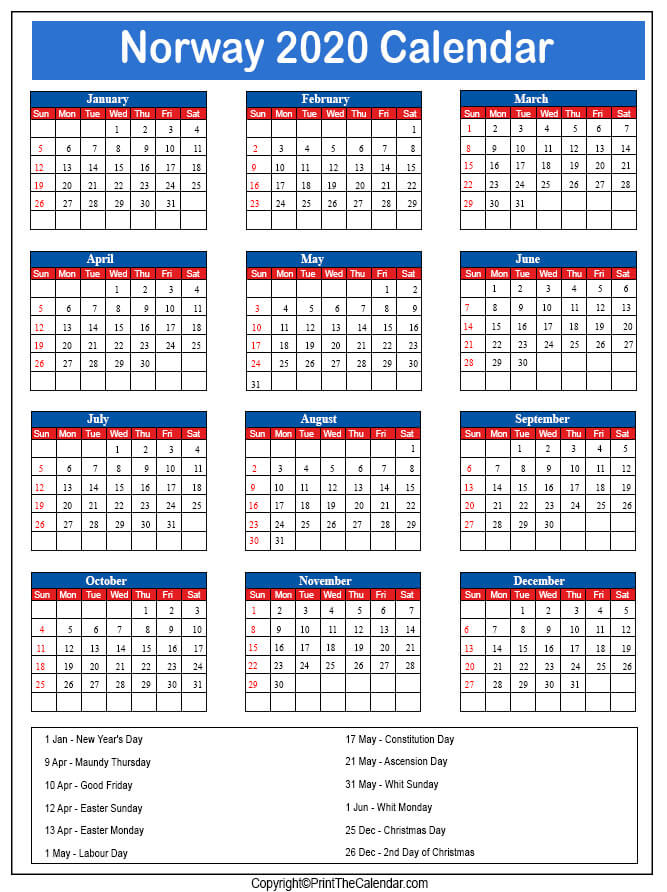 Norway Printable Calendar 2020